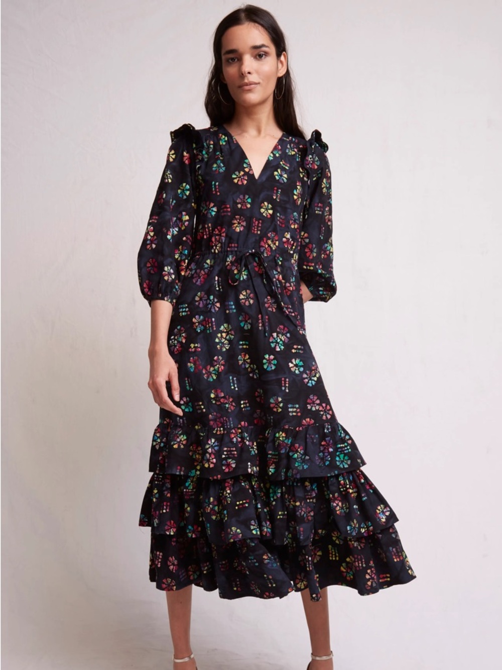 Warm Floral Ruffle Midi Dress